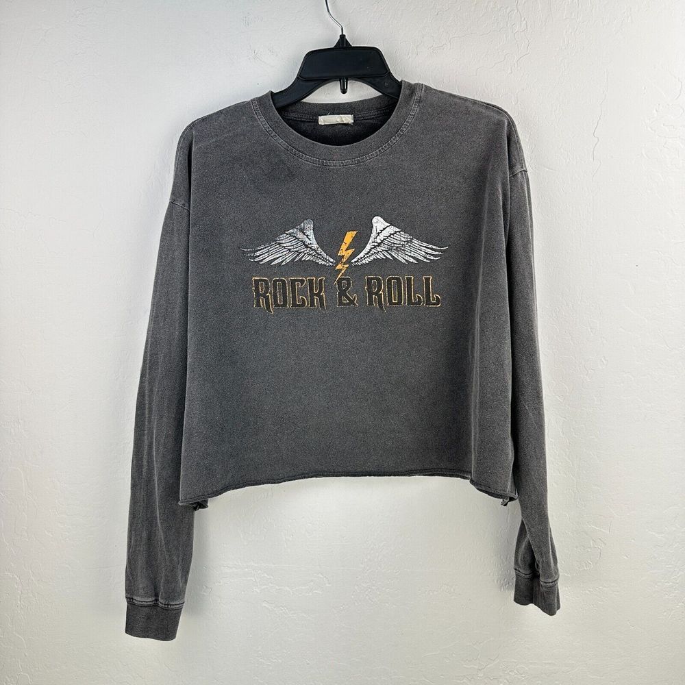 Refined Canvas Crop Tshirt Womens‎ Small Gray Rock & Roll Long Sleeve Crew Neck